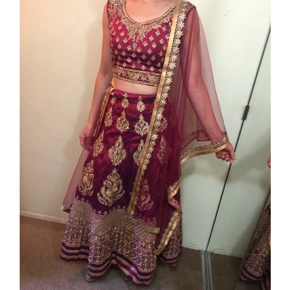 Burgundy and gold Indian lehenga 3 piece